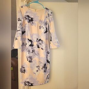 Calvin Klein Floral Long Sleeve Dress - Cream and Blue